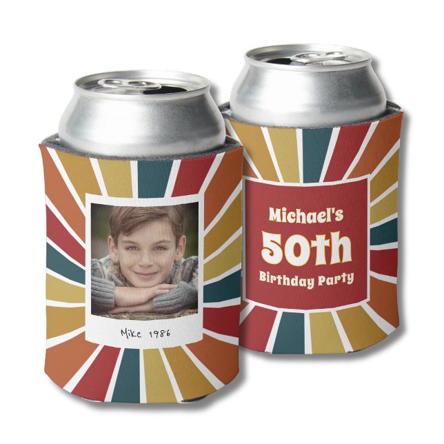 Retro 50th Birthday Boy Photo Can Cooler (Creator Uploaded)