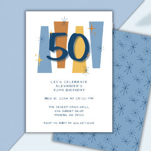 Retro 50th Birthday Midcentury Modern Blue Invitation