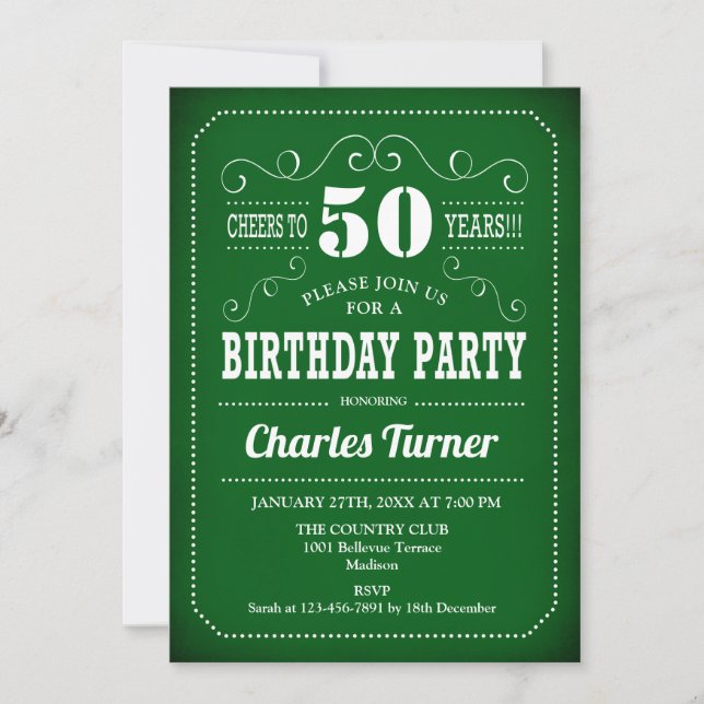 Retro 50th Birthday Party - Green White Invitation (Front)