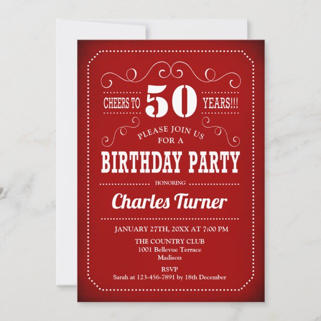 Retro 50th Birthday Party - Red White Invitation (Front)