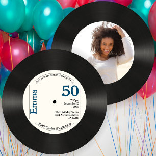 Retro 50th Birthday Photo Faux Vinyl Record Music Invitation