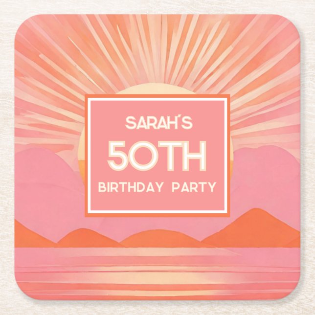 Retro 50th Birthday Pink Sunset Paper Coaster (Front)