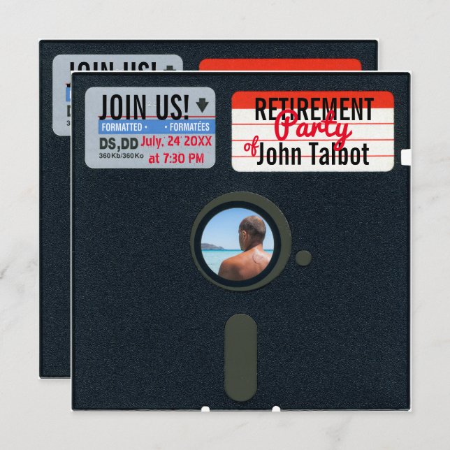 Retro 5.25 Floppy Disc Retirement Party invite (Front/Back)