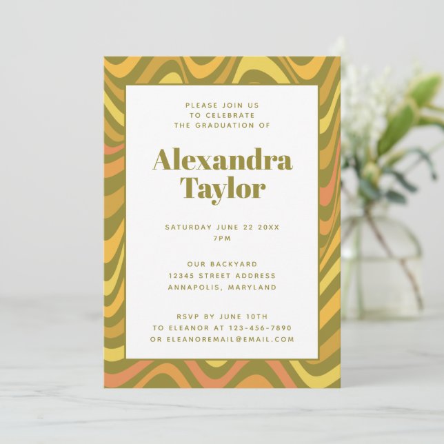 Retro 60s 70s Abstract Groovy Green Graduation  Invitation (Standing Front)