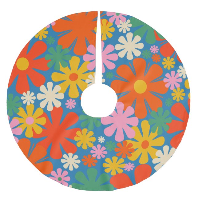 Retro 60s 70s Aesthetic Colourful Floral Pattern Brushed Polyester Tree Skirt (Front)