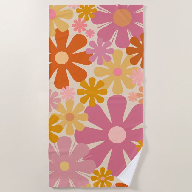 Retro 60s 70s Aesthetic Floral Pattern Beach Towel (Front)