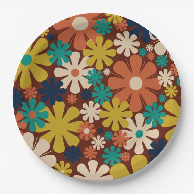 Retro 60s 70s Aesthetic Floral Pattern Paper Plate (Front)
