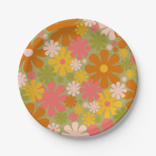 Retro 60s 70s Aesthetic Floral Pattern Paper Plate