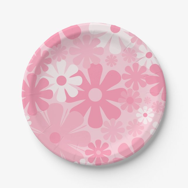Retro 60s 70s Aesthetic Floral Pattern Pink Paper Plate (Front)