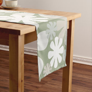 Retro 60s 70s Aesthetic Floral Pattern Sage Green Short Table Runner