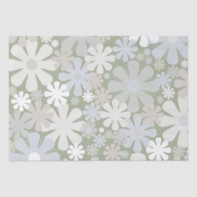 Retro 60s 70s Aesthetic Floral Pattern Sage Green Tissue Paper (Front)
