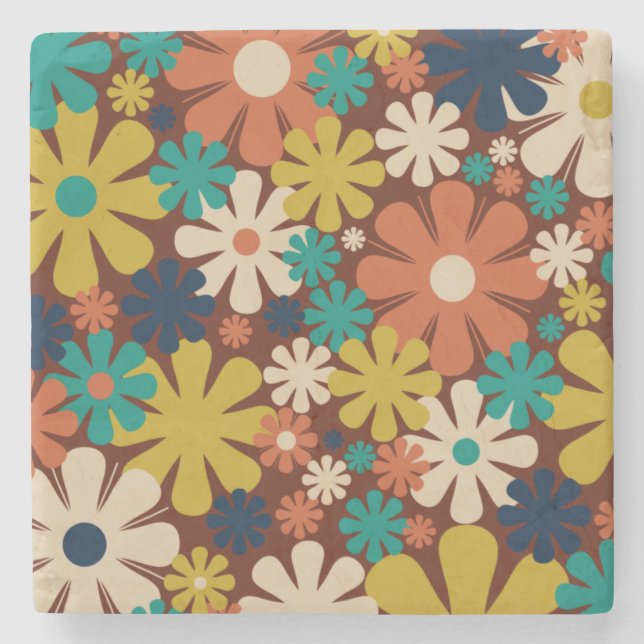 Retro 60s 70s Aesthetic Floral Pattern Square Stone Coaster (Front)