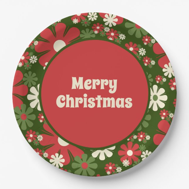 Retro 60s 70s Floral Merry Christmas Paper Plate (Front)