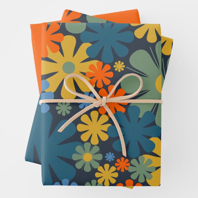 Retro 60s 70s Floral Pattern Blue Orange Wrapping Paper Sheet (In situ)