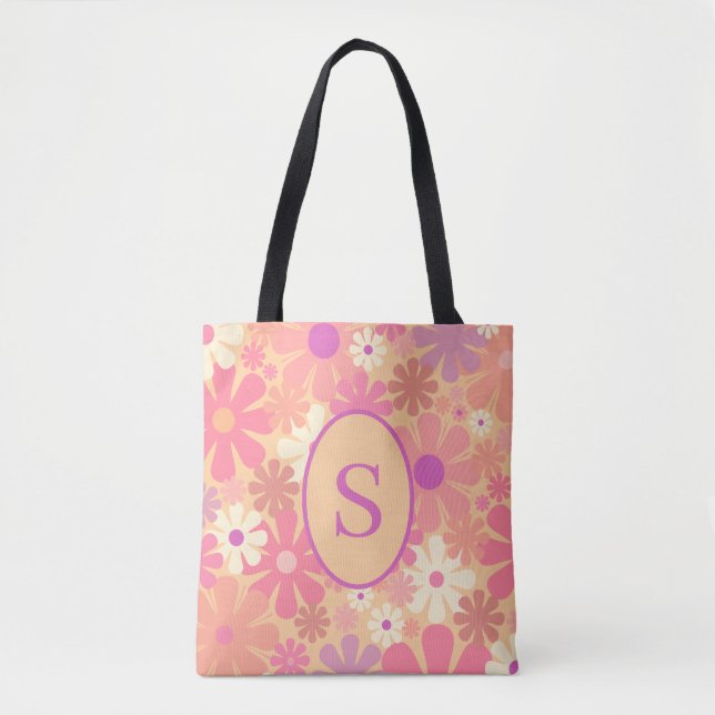 Retro 60s 70s Floral Pattern with Initial Tote Bag (Front)