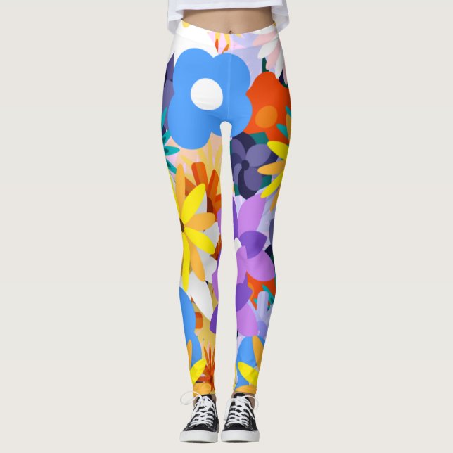Retro 60s 70s Flower Pattern Leggings (Front)