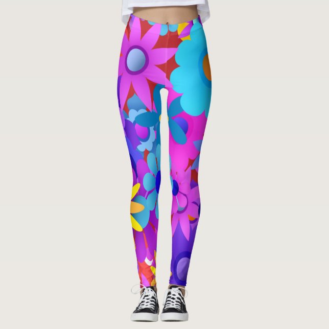 Retro 60s 70s Flower Pattern Leggings (Front)