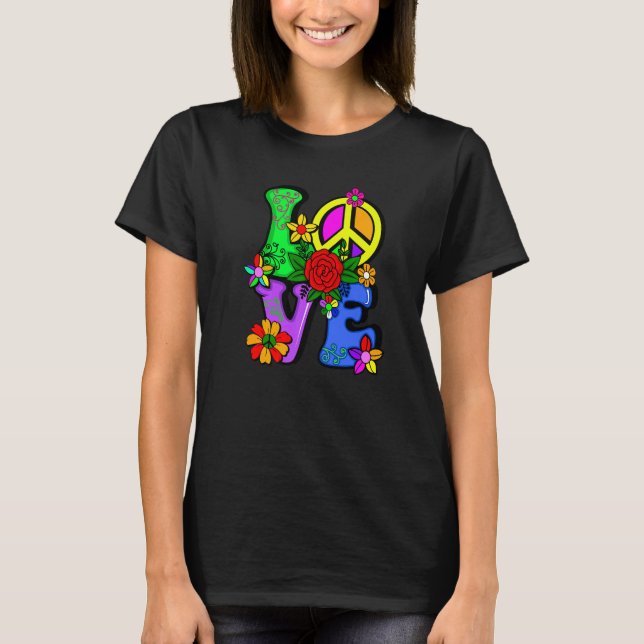Retro 60's 70's Flower Power Hippy Groovy Love Pea T-Shirt (Front)