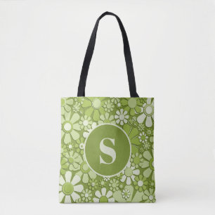 Retro 60s 70s Flowers Lime Green Floral Pattern Tote Bag