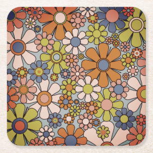Retro 60s 70s Groovy Floral  Square Paper Coaster