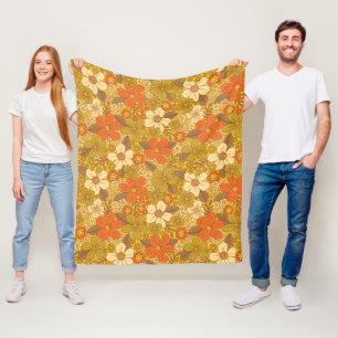 Retro 60s/70s Orange & Olive Green Floral Fleece Blanket