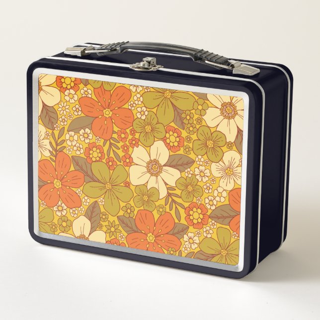 Retro 60s/70s Orange & Olive Green Floral Metal Lunch Box (Front)