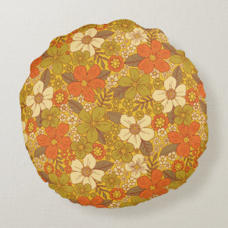Retro 60s/70s Orange & Olive Green Floral Round Cushion
