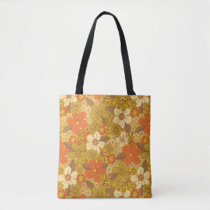 Retro 60s/70s Orange & Olive Green Floral Tote Bag