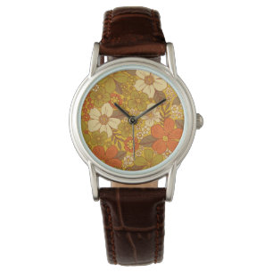 Retro 60s/70s Orange & Olive Green Floral Watch