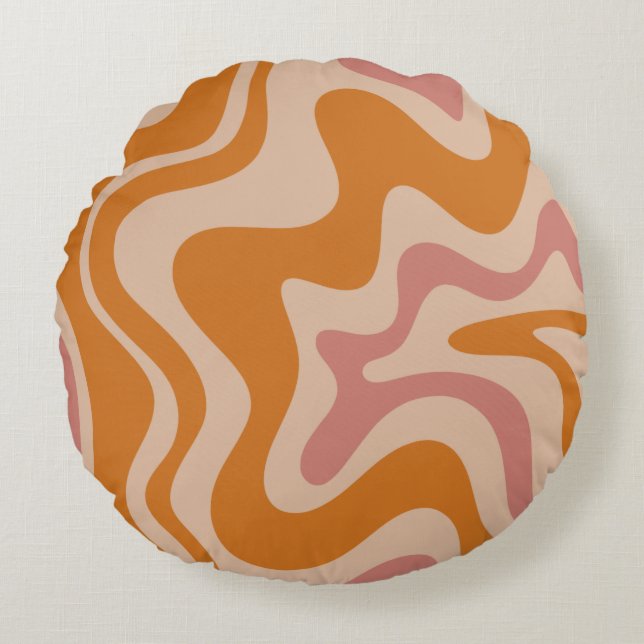 Retro 60s 70s Psychedelic Swirls Orange Pink Round Cushion (Front)