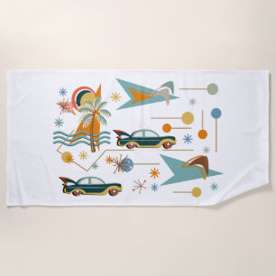 Retro 60s Car Trip to the Beach Beach Towel