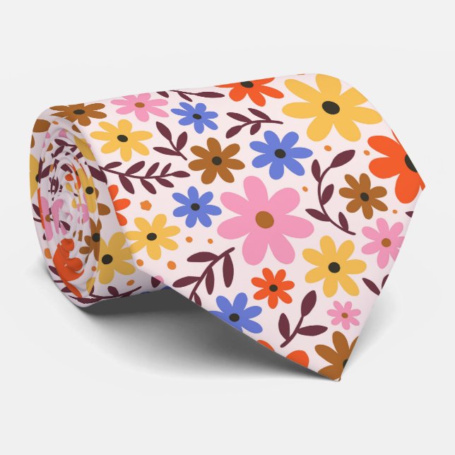 Retro 60s floral - daisy flowers in pink, orange tie (Rolled)