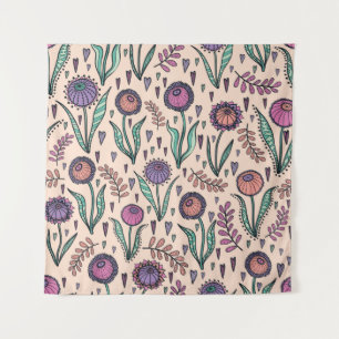 Retro 60s floral. Vintage hand drawn illustration  Tapestry