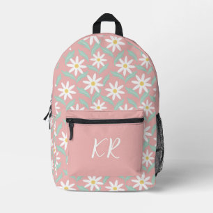 Retro 60s Flower Power White Floral Pink Initials Printed Backpack
