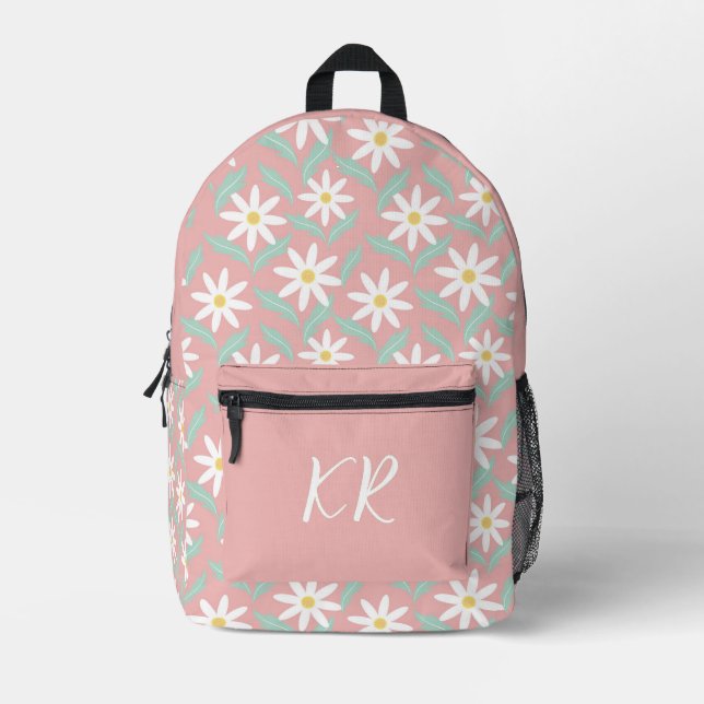 Retro 60s Flower Power White Floral Pink Initials Printed Backpack (Front)