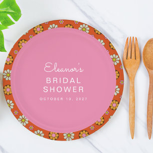 Retro 60s Flowers Orange Pink Bridal Shower Custom Paper Plate