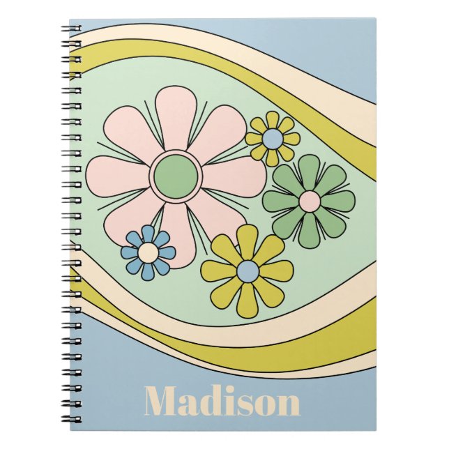 Retro 60s Groovy Floral Pastel Personalised Notebook (Front)