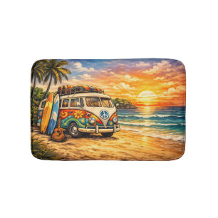 Retro 60s Hippie Beach Bus Sunset   Surf Van Life Bath Mat