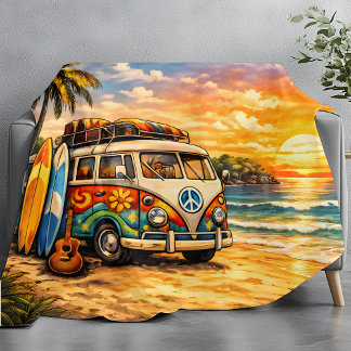 Retro 60s Hippie Beach Bus Sunset | Surf Van Life Fleece Blanket