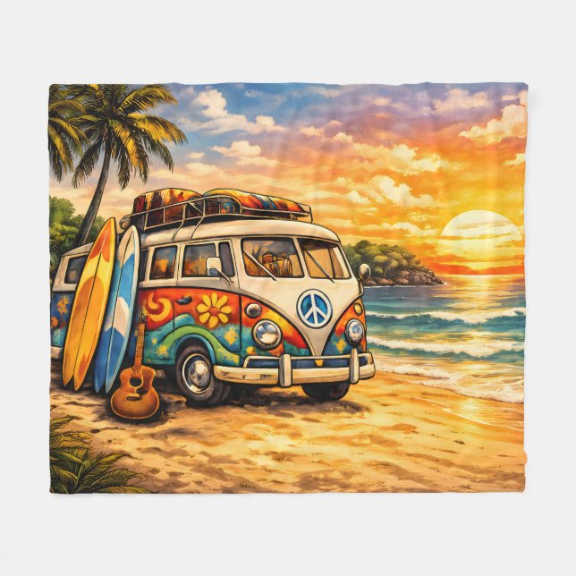 Retro 60s Hippie Beach Bus Sunset | Surf Van Life Fleece Blanket (Front (Horizontal))
