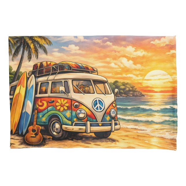 Retro 60s Hippie Beach Bus Sunset | Surf Van Life Pillowcase (Front)