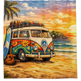 Retro 60s Hippie Beach Bus Sunset   Surf Van Life Shower Curtain