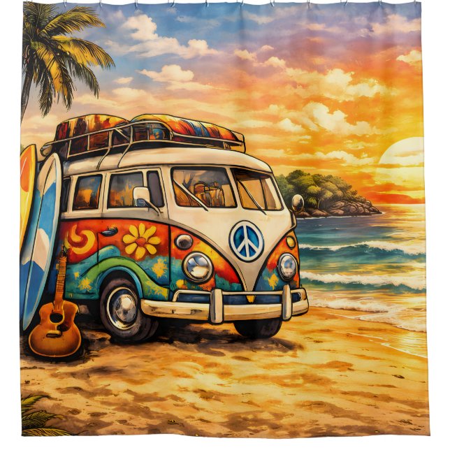 Retro 60s Hippie Beach Bus Sunset | Surf Van Life Shower Curtain (Front)