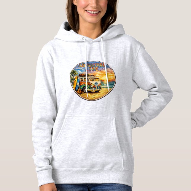 Retro 60s Hippie Beach Sunset | Adventure Van Life Hoodie (Front)