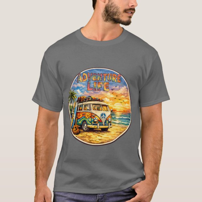 Retro 60s Hippie Beach Sunset | Adventure Van Life T-Shirt (Front)