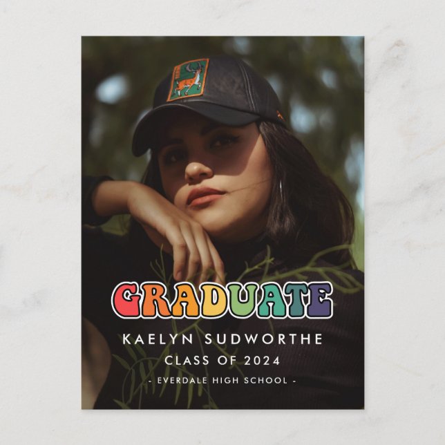 Retro 60s hippie fun graduation photo announcement postcard (Front)