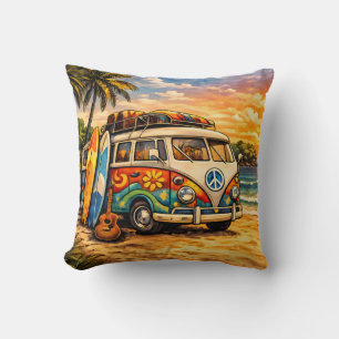 Retro 60s Hippie Surfer Beach Bus Sunset Surf Life Cushion