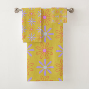 Retro 60s Mod Pop Flower Pattern in Yellow  Bath Towel Set