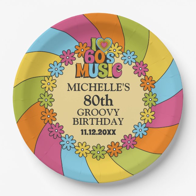 Retro 60s Music Theme 80th Birthday Party Paper Pl Plate (Front)