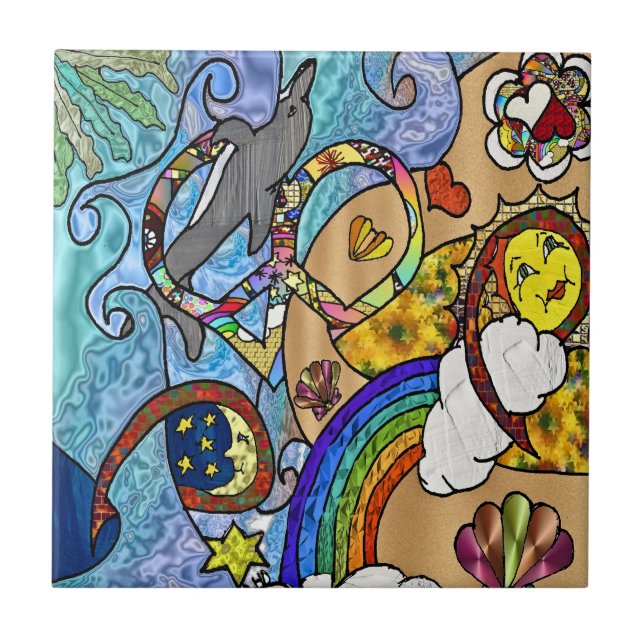 Retro 60s Psychedelic At The Beach ceramic Tile (Front)